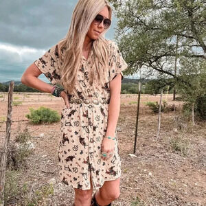 Cowboy Rodeo Western Print Button Down Short Sleeve Dress New